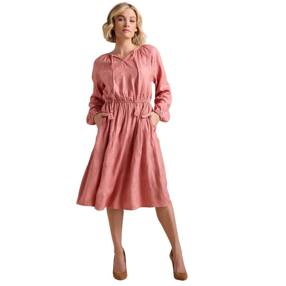 Down East Jules Tie Dress Long Sleeve Leaf Pattern Knee Length Coral Pink XS